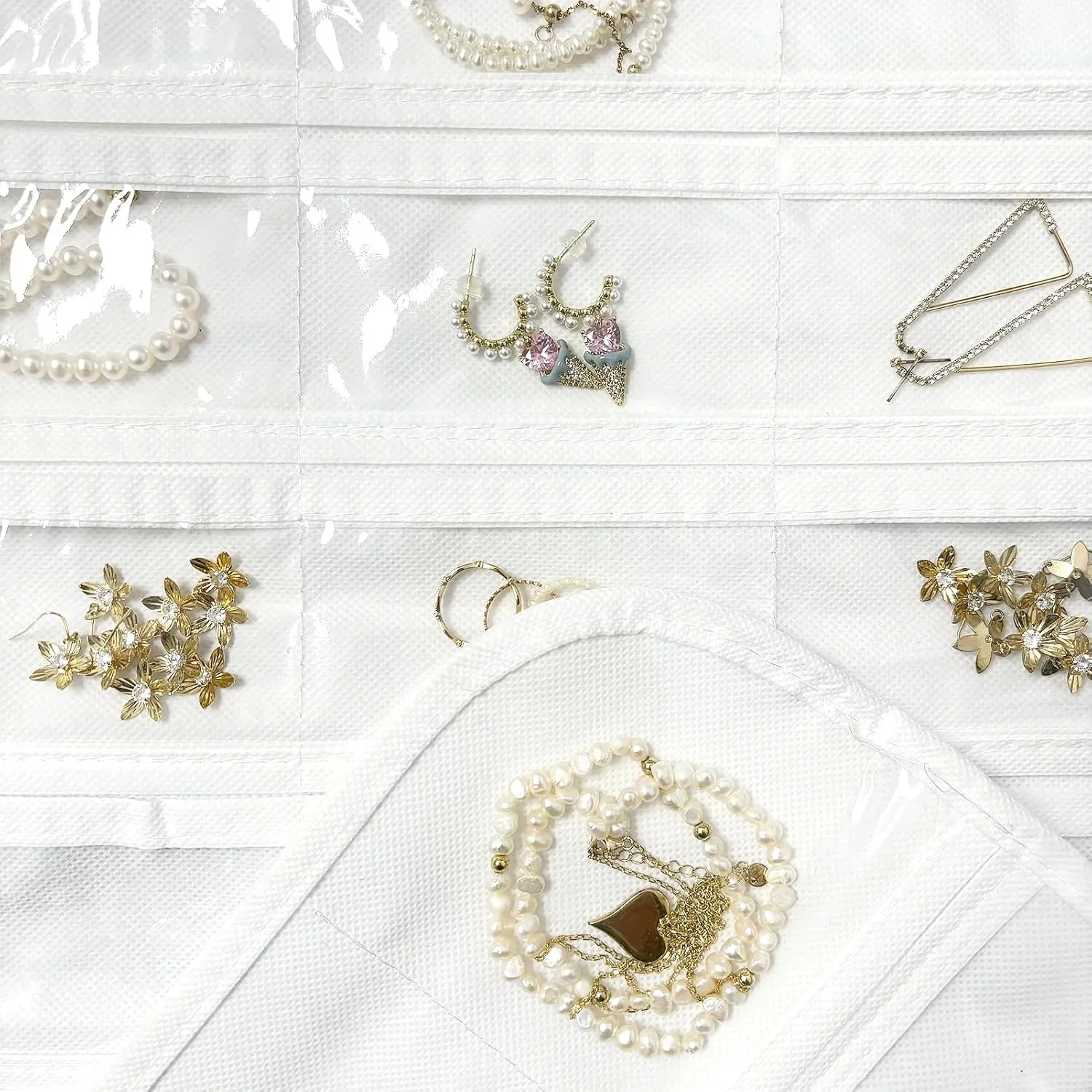 1-Pack Hanging Jewelry Organizer 80-Pocket Dual-sided Jewelry Storage for Earring Necklace Bracelet Ring and more, White