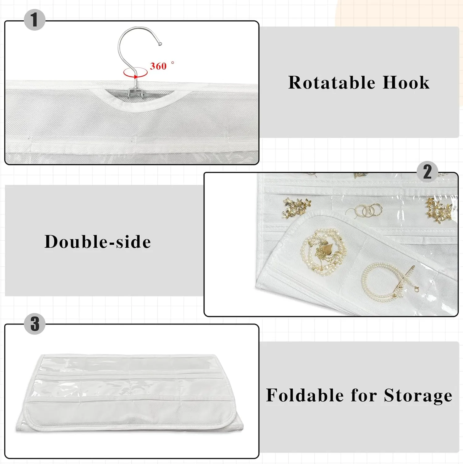 1-Pack Hanging Jewelry Organizer 80-Pocket Dual-sided Jewelry Storage for Earring Necklace Bracelet Ring and more, White
