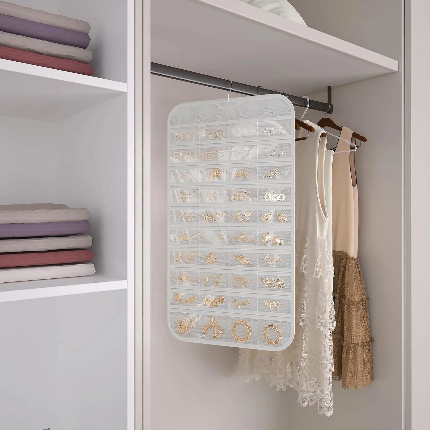 1-Pack Hanging Jewelry Organizer 80-Pocket Dual-sided Jewelry Storage for Earring Necklace Bracelet Ring and more, White