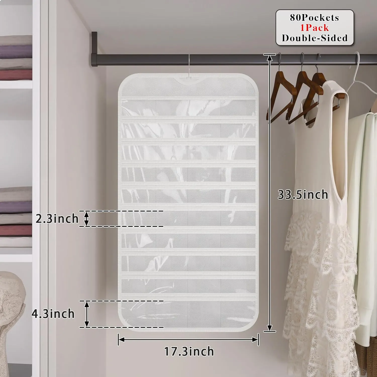 1-Pack Hanging Jewelry Organizer 80-Pocket Dual-sided Jewelry Storage for Earring Necklace Bracelet Ring and more, White
