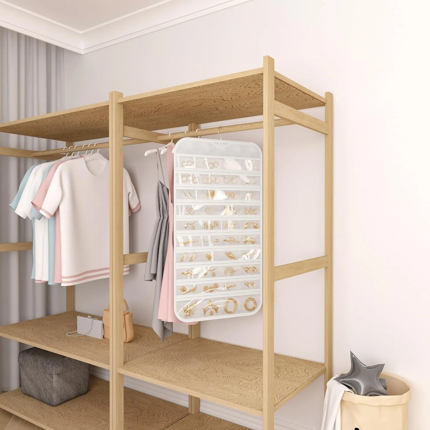 1-Pack Hanging Jewelry Organizer 80-Pocket Dual-sided Jewelry Storage for Earring Necklace Bracelet Ring and more, White