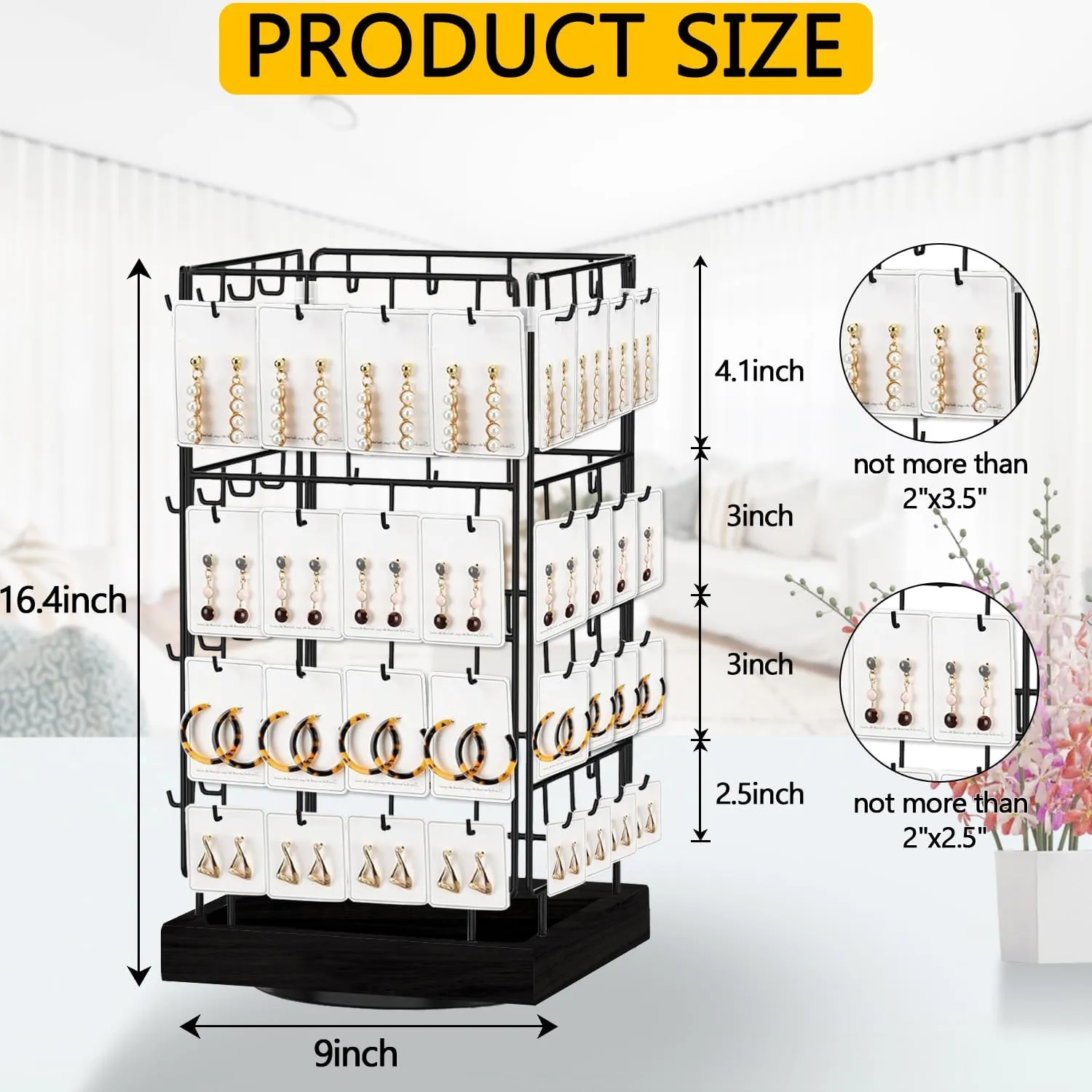 360 Rotating Earring Display Stands for Selling, 4 Tier Metal Earring Rack Holder Stand, 64 Hooks (Black)