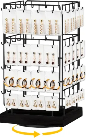 360 Rotating Earring Display Stands for Selling, 4 Tier Metal Earring Rack Holder Stand, 64 Hooks (Black)