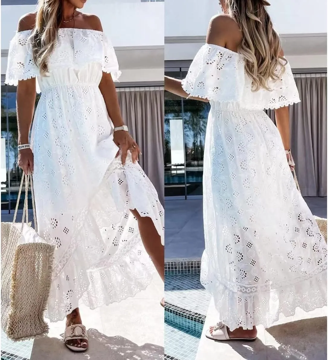 ABOCIW Women's Boho Maxi Dress Lace Up Tassel V-Neck Flare Ruffle Fringed Beach Summer Dresses