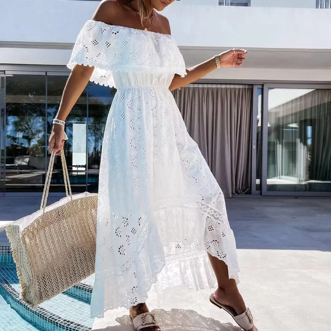 ABOCIW Women's Boho Maxi Dress Lace Up Tassel V-Neck Flare Ruffle Fringed Beach Summer Dresses