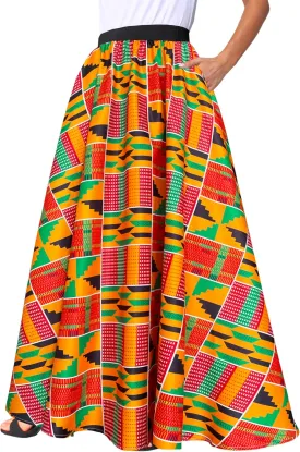 Afibi Women African Skirt Printed Ankara Maxi Skirt Dashiki Long Skirts with Pockets
