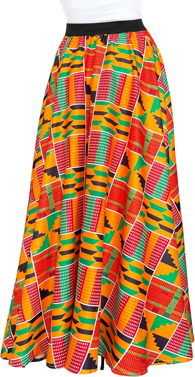 Afibi Women African Skirt Printed Ankara Maxi Skirt Dashiki Long Skirts with Pockets