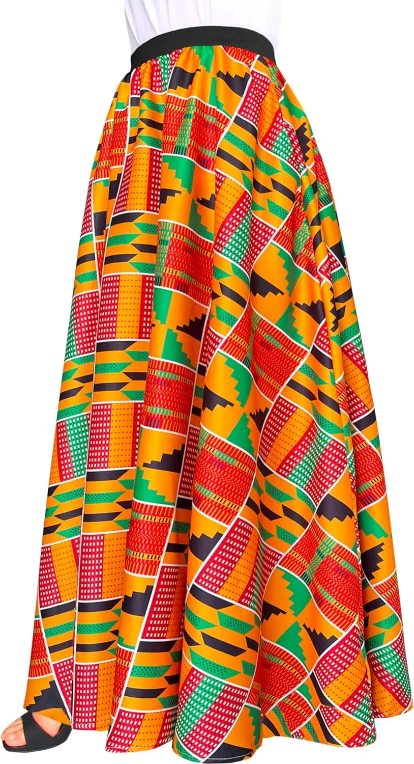 Afibi Women African Skirt Printed Ankara Maxi Skirt Dashiki Long Skirts with Pockets