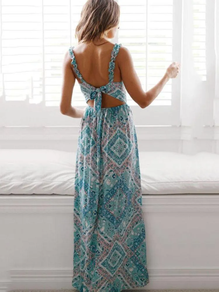 All-match sling tie knot dress long skirt sexy waist printed skirt