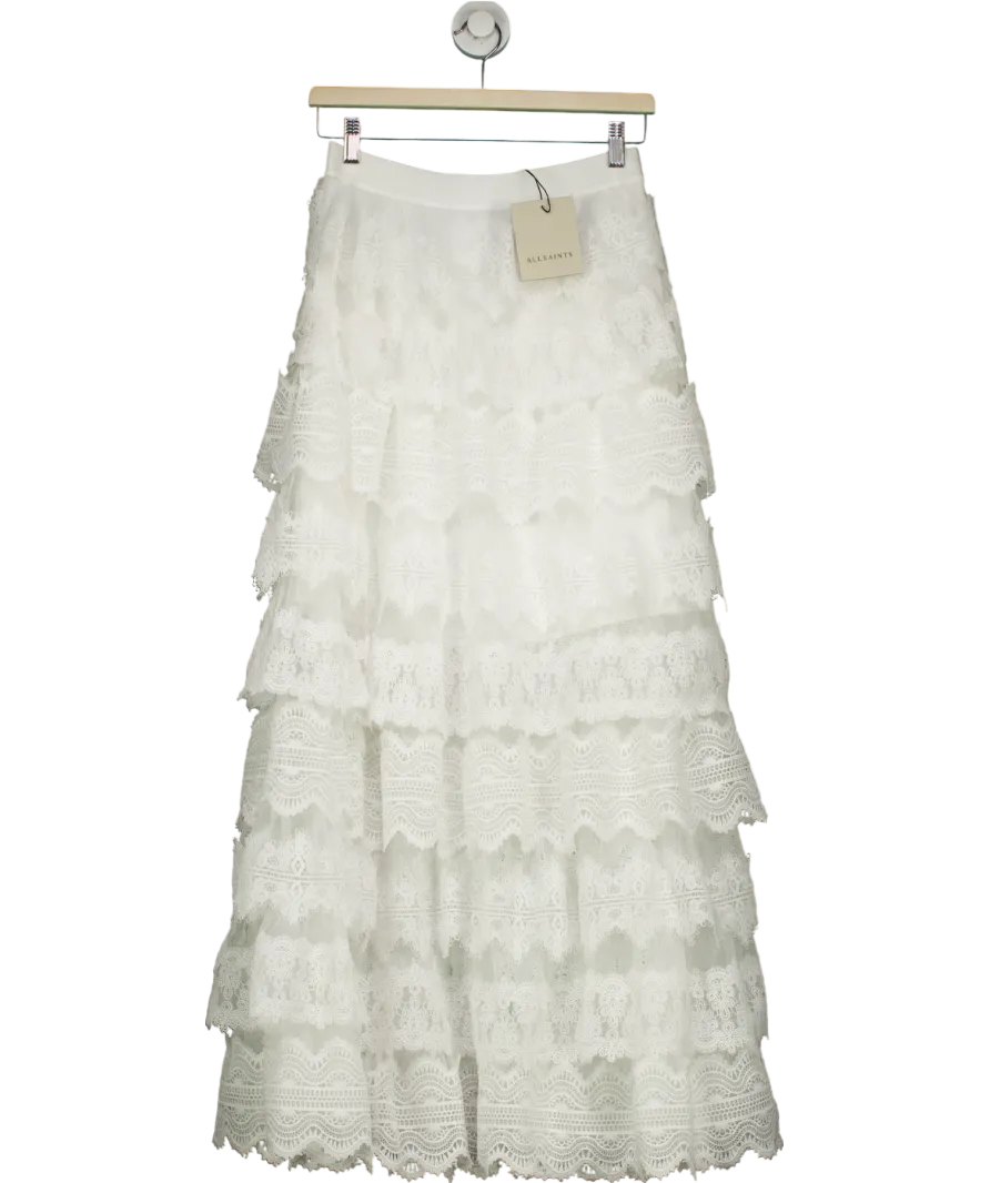 All Saints White  Lizi Tiered Lace Maxi Skirt UK 8