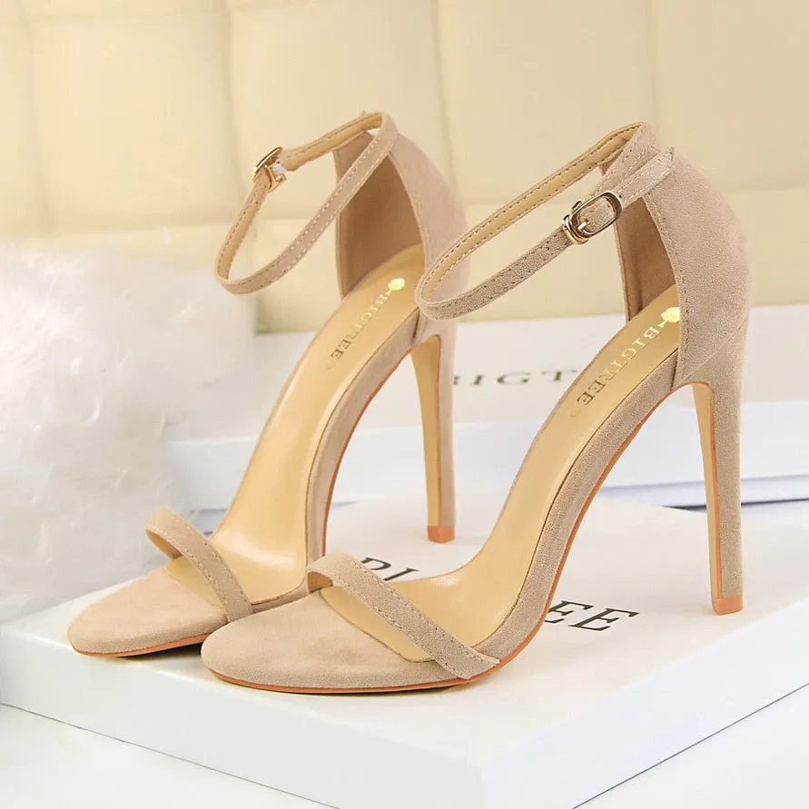 Amozae-2024 Women 10cm High Heels Flock Stripper Sandals Female Fetish Strappy Red Shoes Lady Valentine Green Summer Classic   Pumps