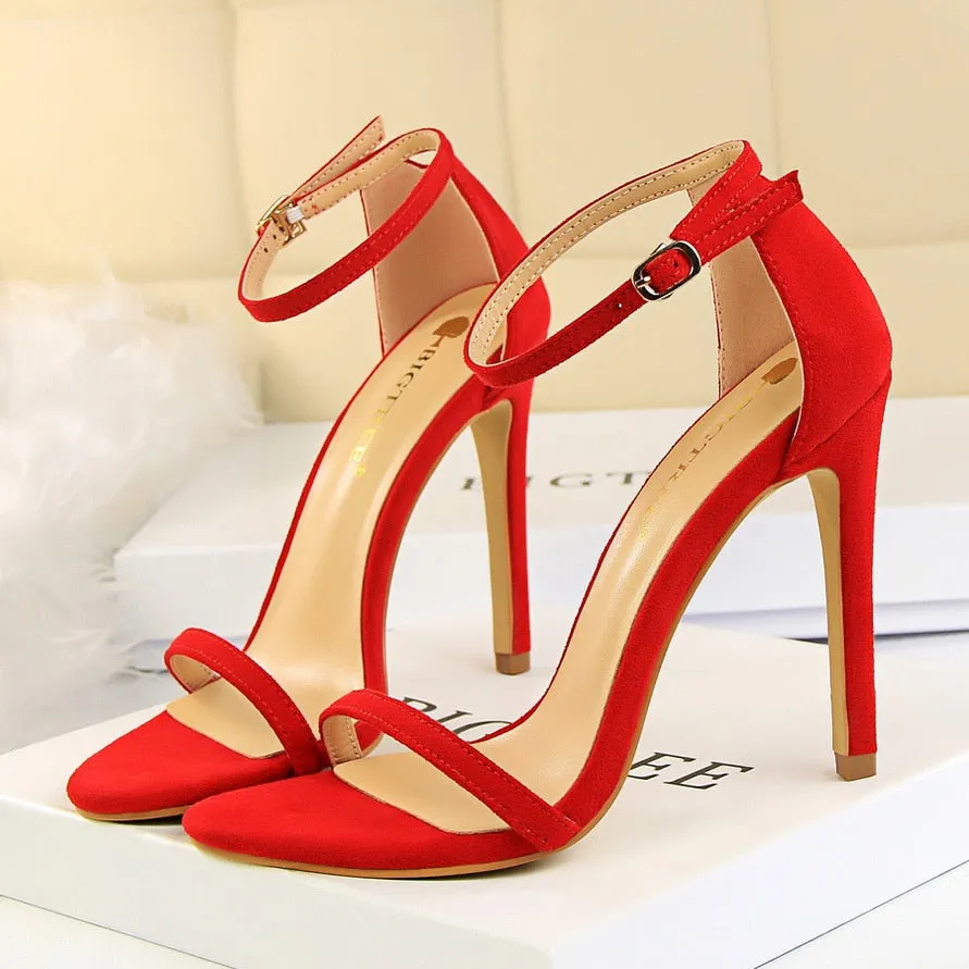 Amozae-2024 Women 10cm High Heels Flock Stripper Sandals Female Fetish Strappy Red Shoes Lady Valentine Green Summer Classic   Pumps