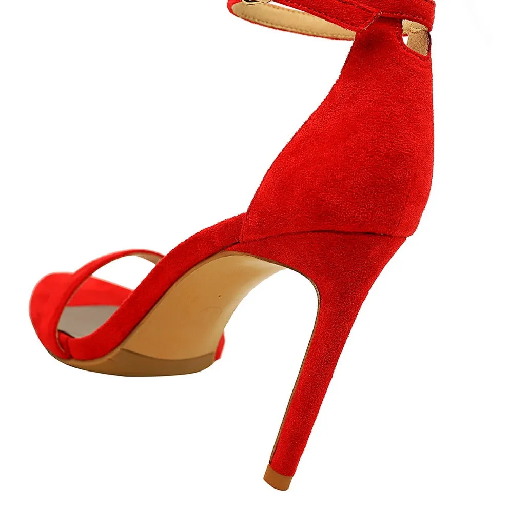 Amozae-2024 Women 10cm High Heels Flock Stripper Sandals Female Fetish Strappy Red Shoes Lady Valentine Green Summer Classic   Pumps