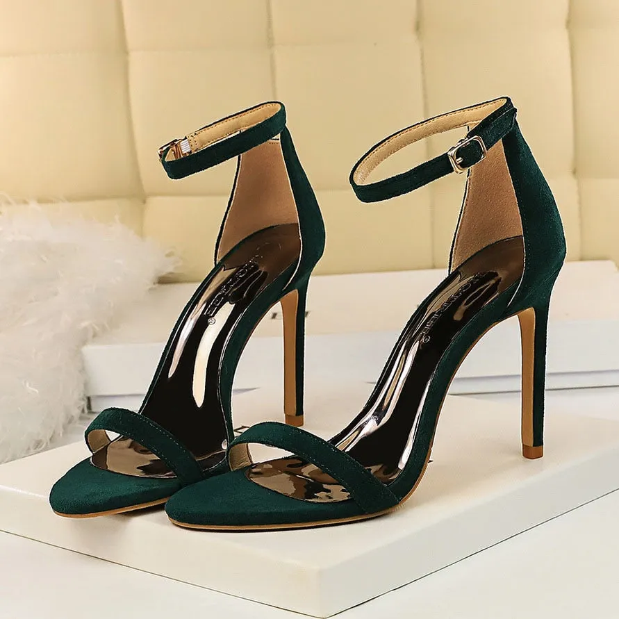 Amozae-2024 Women 10cm High Heels Flock Stripper Sandals Female Fetish Strappy Red Shoes Lady Valentine Green Summer Classic   Pumps