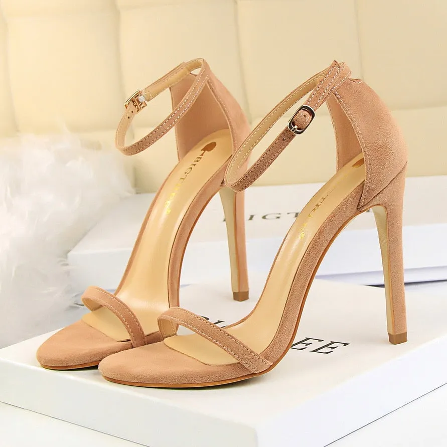Amozae-2024 Women 10cm High Heels Flock Stripper Sandals Female Fetish Strappy Red Shoes Lady Valentine Green Summer Classic   Pumps