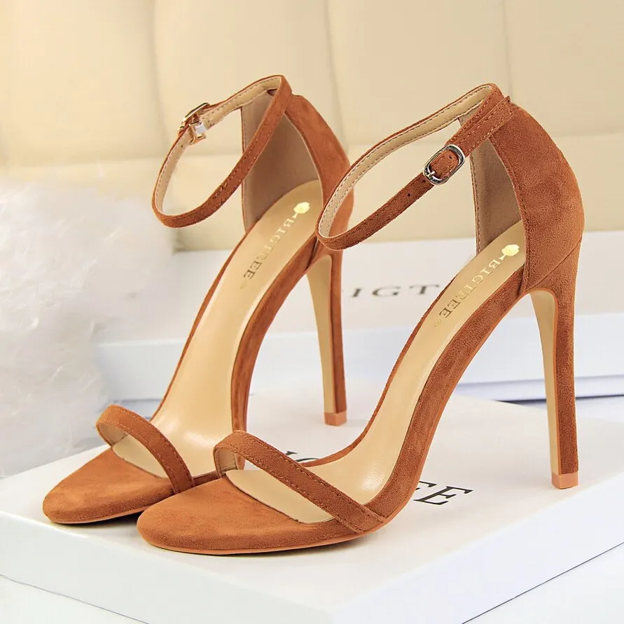 Amozae-2024 Women 10cm High Heels Flock Stripper Sandals Female Fetish Strappy Red Shoes Lady Valentine Green Summer Classic   Pumps