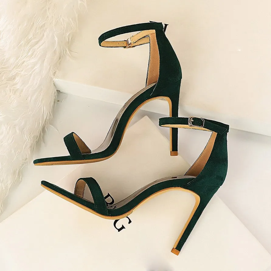 Amozae-2024 Women 10cm High Heels Flock Stripper Sandals Female Fetish Strappy Red Shoes Lady Valentine Green Summer Classic   Pumps