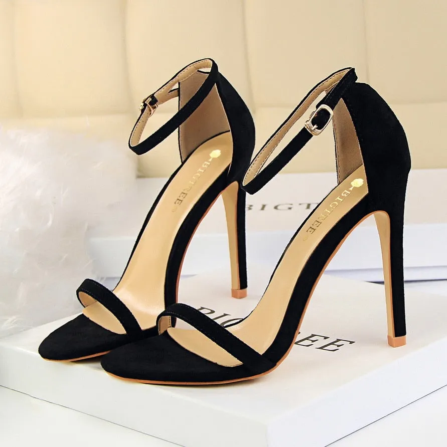 Amozae-2024 Women 10cm High Heels Flock Stripper Sandals Female Fetish Strappy Red Shoes Lady Valentine Green Summer Classic   Pumps