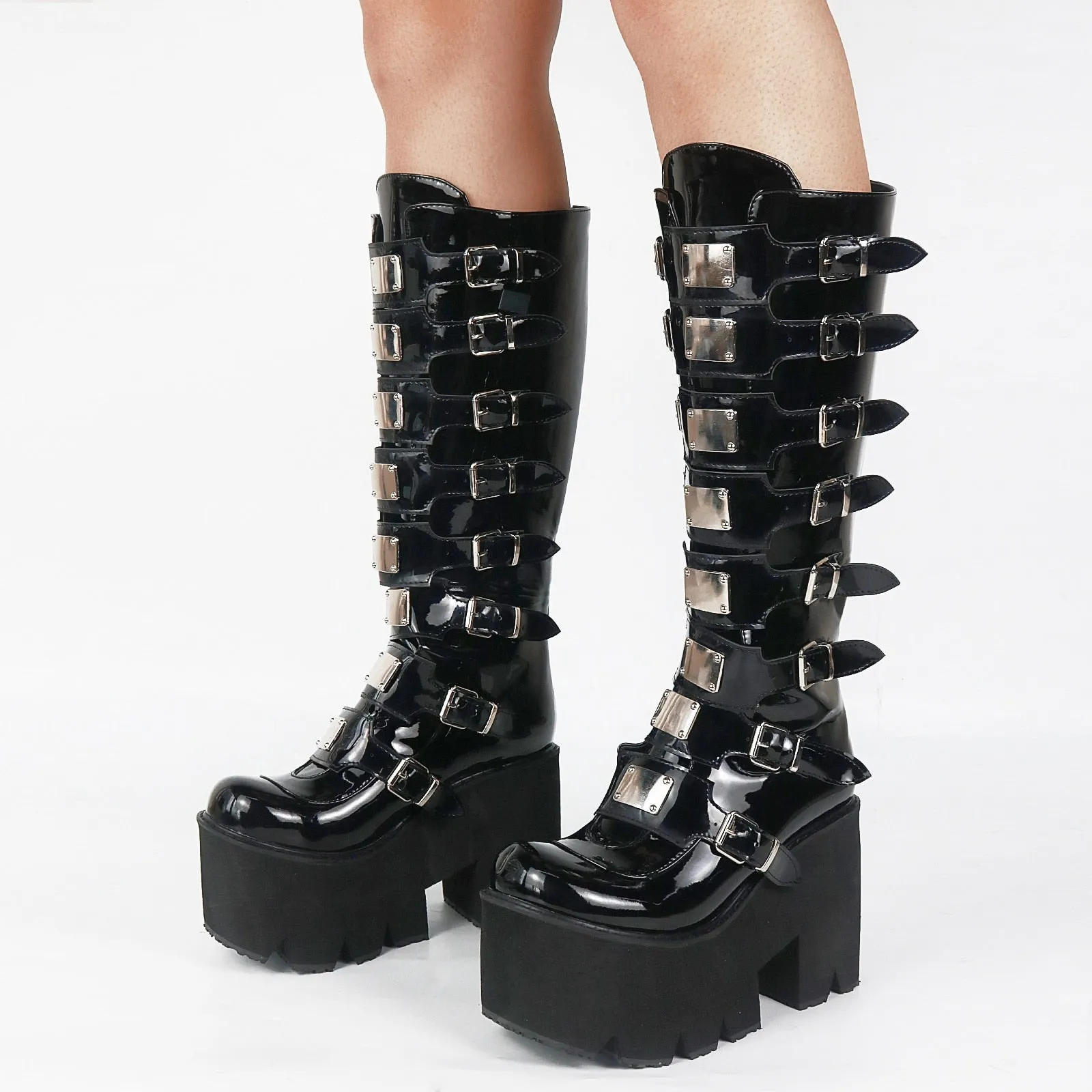 Amozae--Back to College INS Hot 2024 Brand New Gothic Street Women's Knee High Boots Platform Wedges High Heels Buckle Boots For Women Punk Shoes Woman