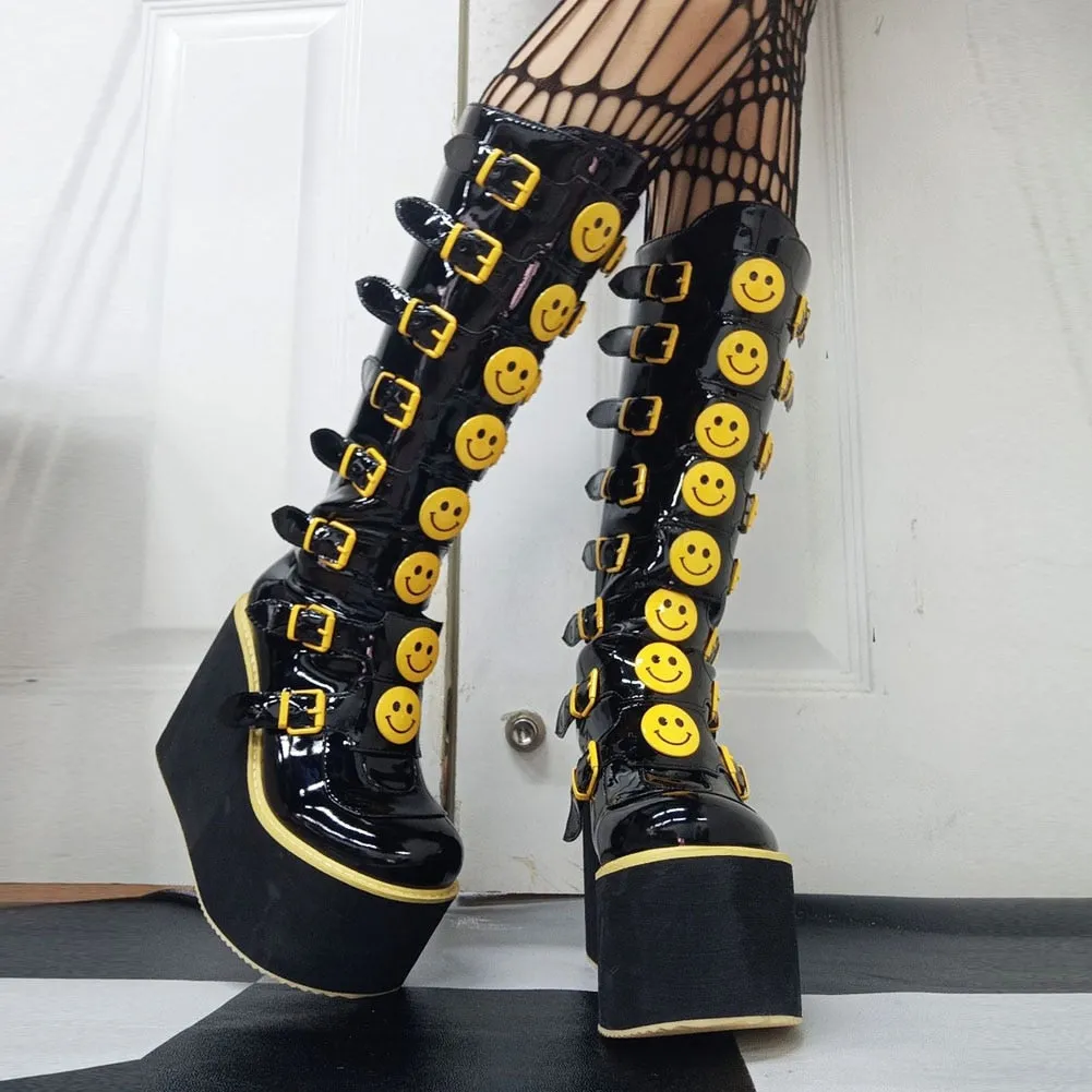 Amozae--Back to College INS Hot 2024 Brand New Gothic Street Women's Knee High Boots Platform Wedges High Heels Buckle Boots For Women Punk Shoes Woman