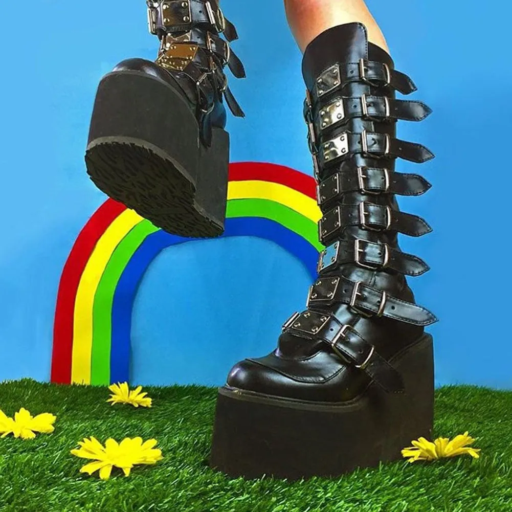 Amozae--Back to College INS Hot 2024 Brand New Gothic Street Women's Knee High Boots Platform Wedges High Heels Buckle Boots For Women Punk Shoes Woman