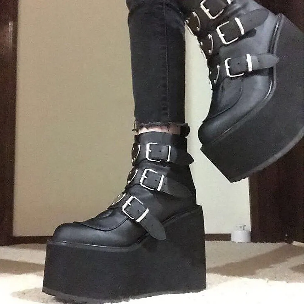 Amozae--Back to College INS Hot 2024 Brand New Gothic Street Women's Knee High Boots Platform Wedges High Heels Buckle Boots For Women Punk Shoes Woman