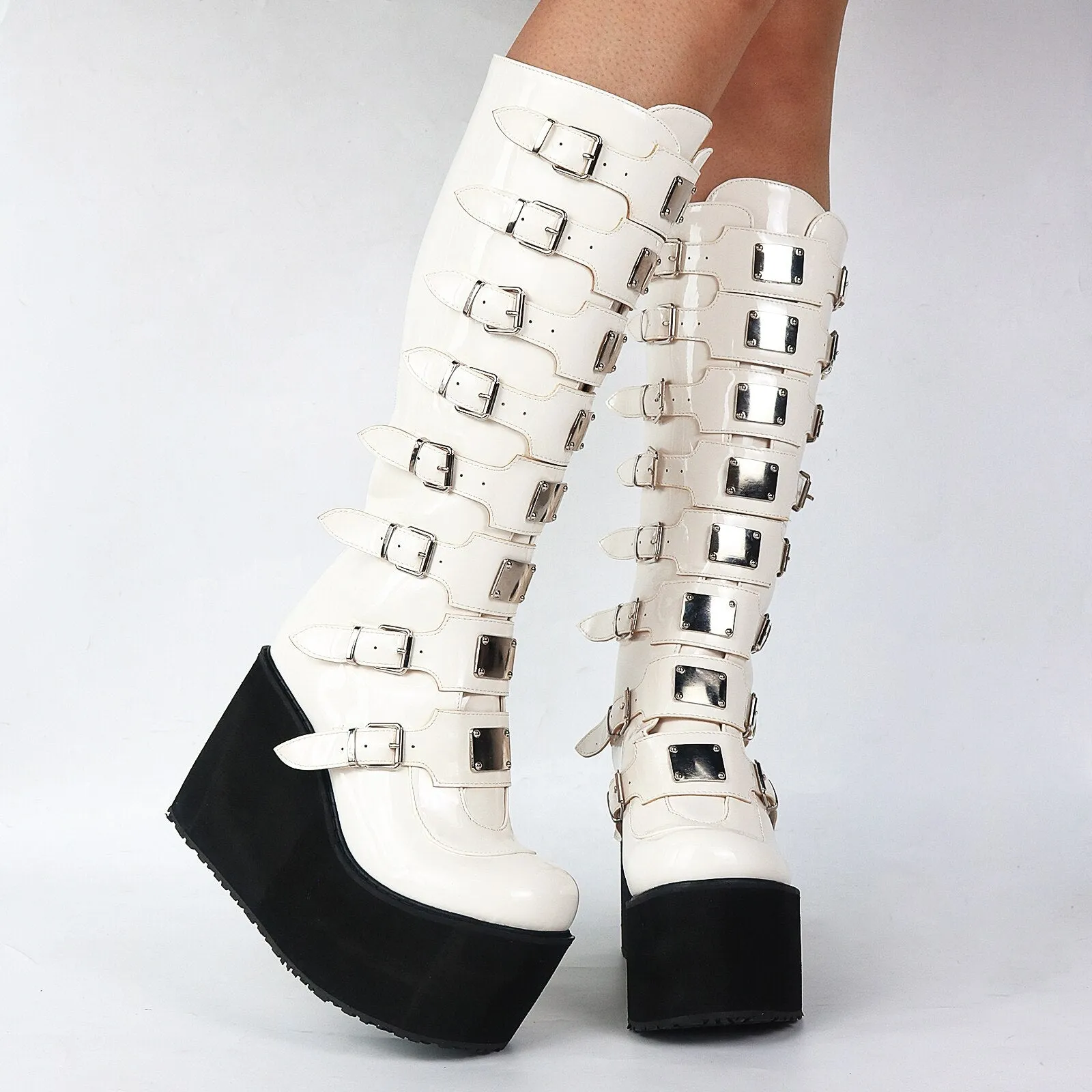 Amozae--Back to College INS Hot 2024 Brand New Gothic Street Women's Knee High Boots Platform Wedges High Heels Buckle Boots For Women Punk Shoes Woman
