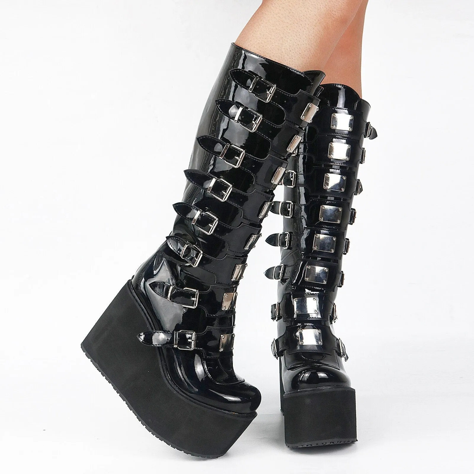 Amozae--Back to College INS Hot 2024 Brand New Gothic Street Women's Knee High Boots Platform Wedges High Heels Buckle Boots For Women Punk Shoes Woman