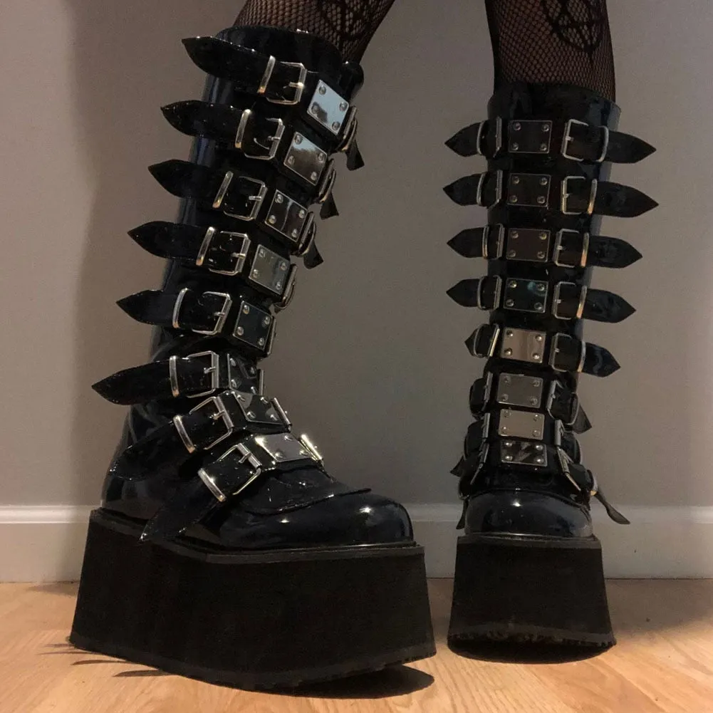 Amozae--Back to College INS Hot 2024 Brand New Gothic Street Women's Knee High Boots Platform Wedges High Heels Buckle Boots For Women Punk Shoes Woman