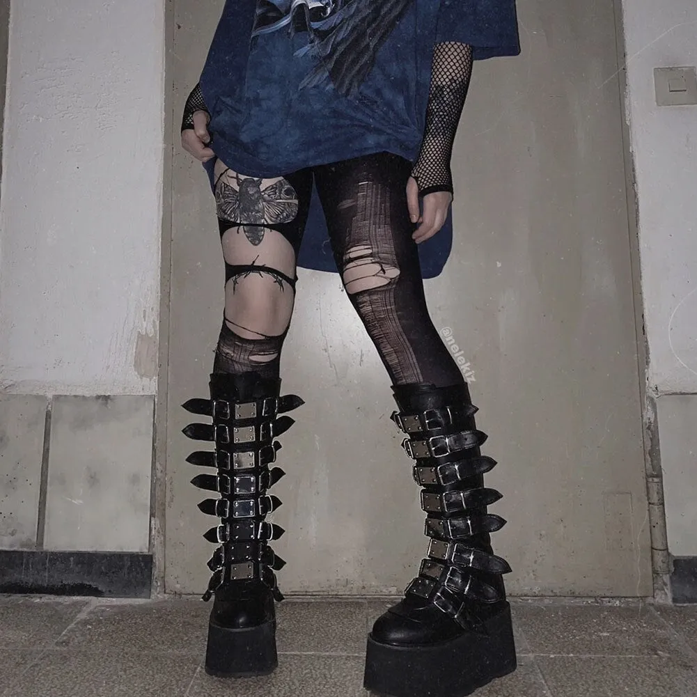 Amozae--Back to College INS Hot 2024 Brand New Gothic Street Women's Knee High Boots Platform Wedges High Heels Buckle Boots For Women Punk Shoes Woman