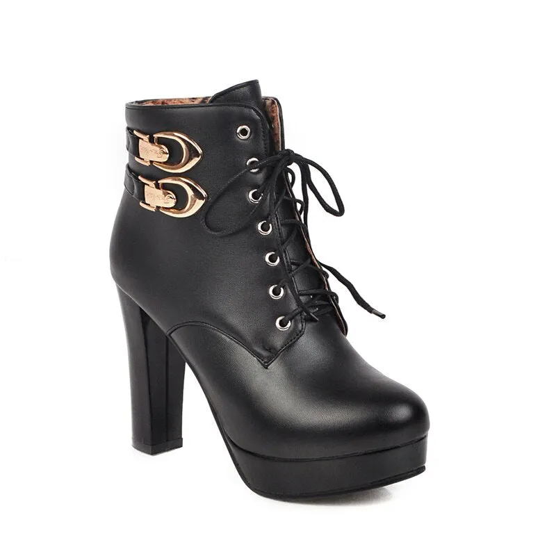 Amozae Fashion Pink White Ankle Boots Women Platform Black High Heels Lace Up Women's Shoes Buckle Woman Short Boot Ladies Footwear