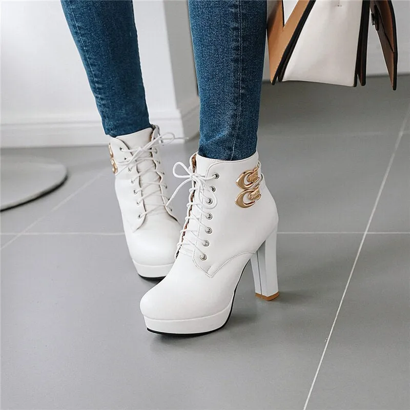 Amozae Fashion Pink White Ankle Boots Women Platform Black High Heels Lace Up Women's Shoes Buckle Woman Short Boot Ladies Footwear