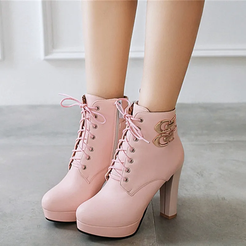 Amozae Fashion Pink White Ankle Boots Women Platform Black High Heels Lace Up Women's Shoes Buckle Woman Short Boot Ladies Footwear