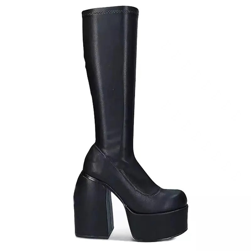Amozae-  Fashion Women Long Boots Elastic Genuine Leather Chunky High Heels Ladies Short Boots Autumn Punk Style Female Goth Shoes