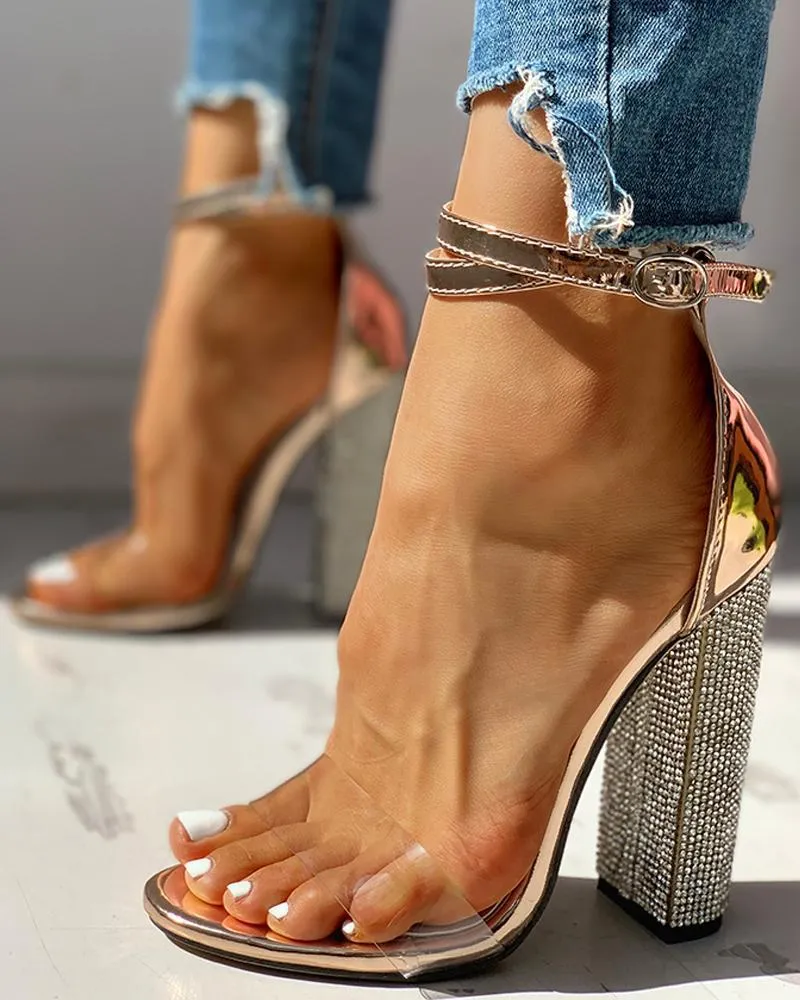 Amozae-   High Heels Women Pumps Gold Rhinestone Heels Ladies Shoes Classic Pumps Plus Size 35-43 Shoes Women Buckle Strap Sandals