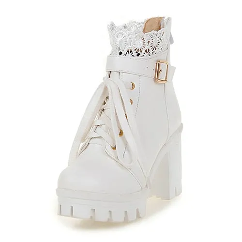 Amozae  Lace Ankle Boots Thick High Heels Women Boots   Lacing Round Toe Platform Ladies Shoes Large Sizes 34-43