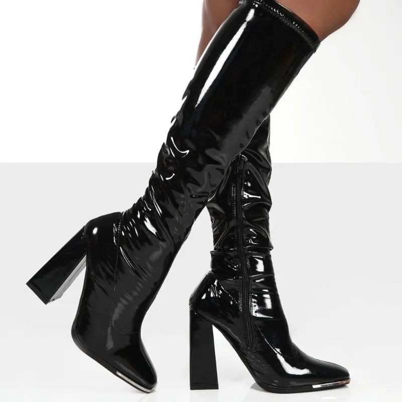 Amozae-- New Brand Fashion Zipper High Long Mid Calf Boots Women Patent PU Designer High Heels Wedding Party Stretch Knee High Boots