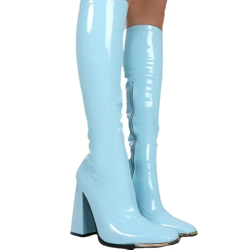 Amozae-- New Brand Fashion Zipper High Long Mid Calf Boots Women Patent PU Designer High Heels Wedding Party Stretch Knee High Boots