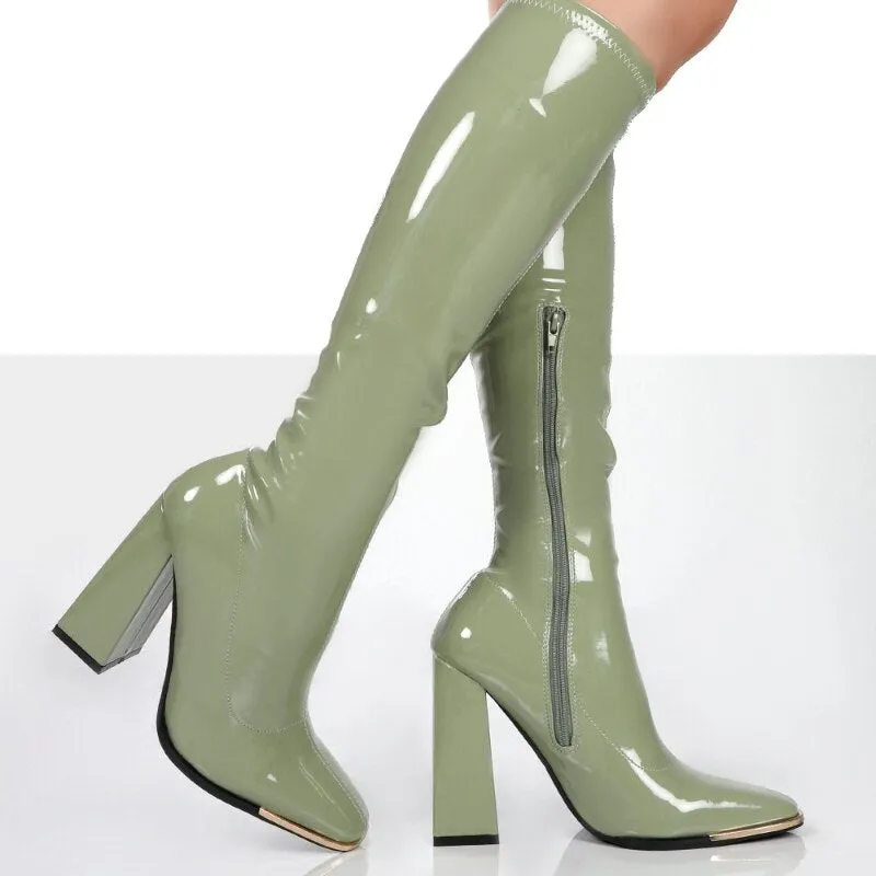 Amozae-- New Brand Fashion Zipper High Long Mid Calf Boots Women Patent PU Designer High Heels Wedding Party Stretch Knee High Boots