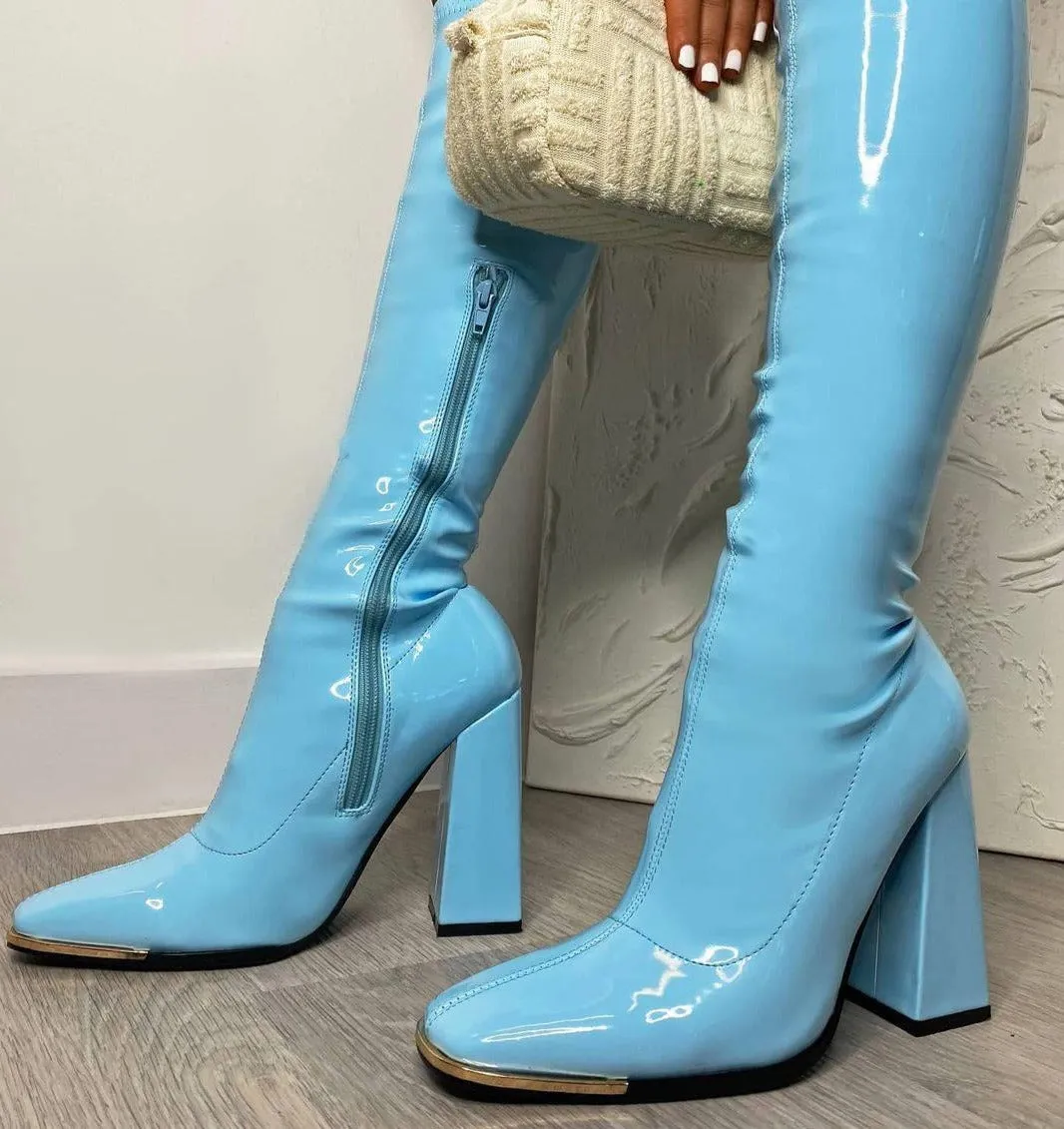 Amozae-- New Brand Fashion Zipper High Long Mid Calf Boots Women Patent PU Designer High Heels Wedding Party Stretch Knee High Boots