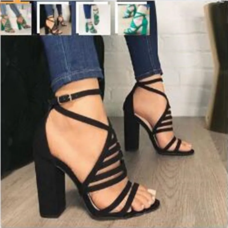 Amozae--Sandalias Mujer   Women Sandals Gladiator High Heels Strap Pumps Cut Buckle Strap Shoes Fashion Summer Ladies Shoes 43