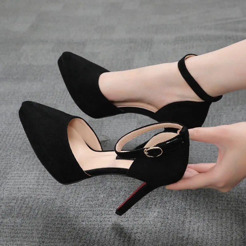 Amozae  Summer Brand Ankle Straps Womens Sandals 10 Cm   Pointed Toe Platform Pumps Matte Leather Ladies High Heels