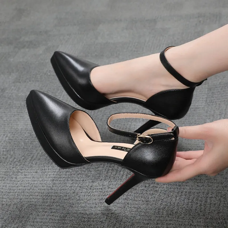 Amozae  Summer Brand Ankle Straps Womens Sandals 10 Cm   Pointed Toe Platform Pumps Matte Leather Ladies High Heels