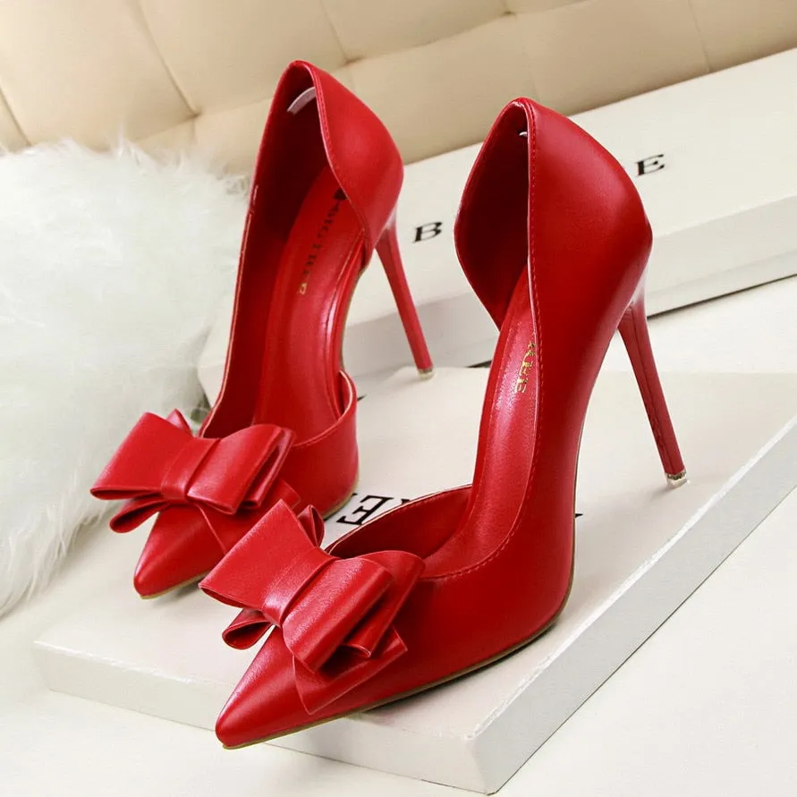 Amozae- Women Shoes Pumps 2024 PU Fashion Show Sweet Bowknot High Heels Stiletto High Heel Shallow Mouth Pointed Side Hollow Shoes