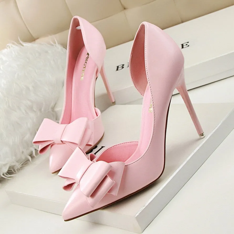 Amozae- Women Shoes Pumps 2024 PU Fashion Show Sweet Bowknot High Heels Stiletto High Heel Shallow Mouth Pointed Side Hollow Shoes