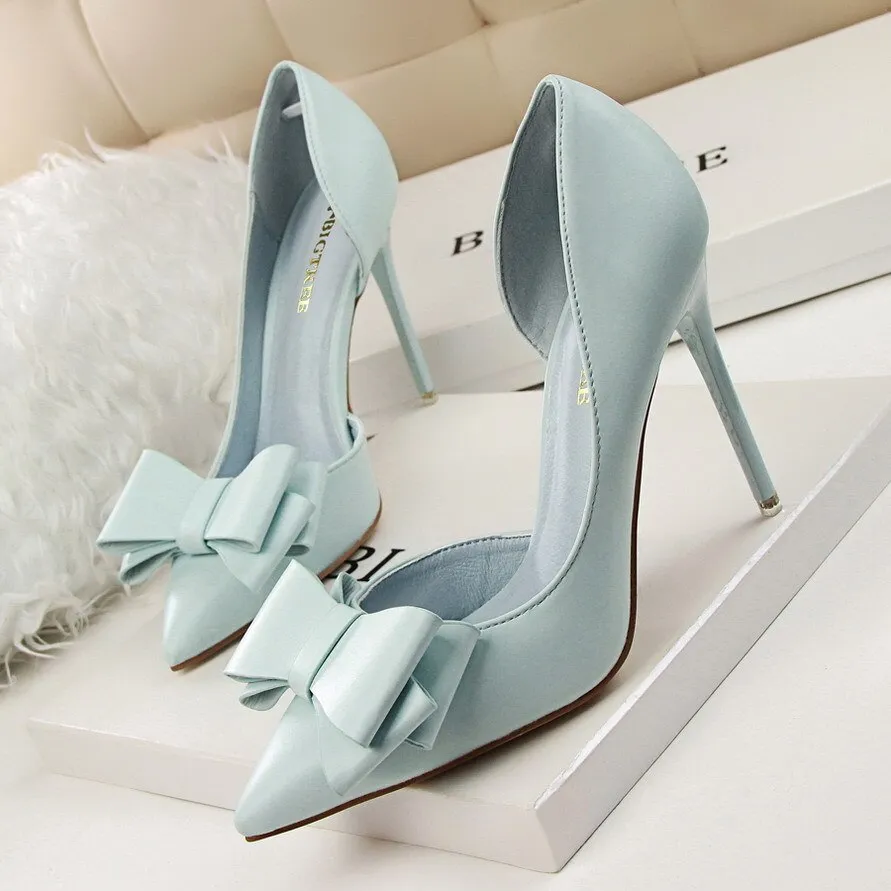Amozae- Women Shoes Pumps 2024 PU Fashion Show Sweet Bowknot High Heels Stiletto High Heel Shallow Mouth Pointed Side Hollow Shoes