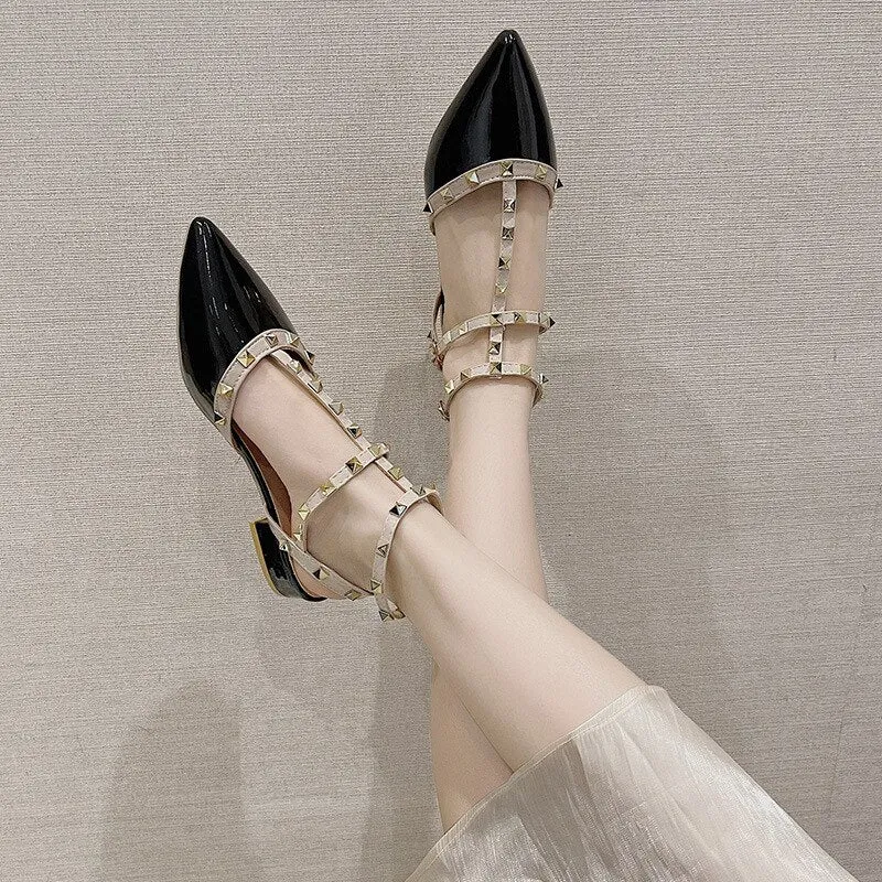 Amozae--Women's shoes Summer 2024 new mid-heel pointed toe temperament high-heeled shoes thick-heeled rivet sandals women