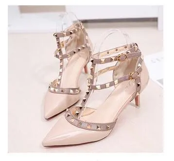 Amozae- Women's Shoes Summer Pointed High-Heeled Stiletto Patent Leather Rivet Single Shoes Was Thin Buckle