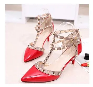 Amozae- Women's Shoes Summer Pointed High-Heeled Stiletto Patent Leather Rivet Single Shoes Was Thin Buckle