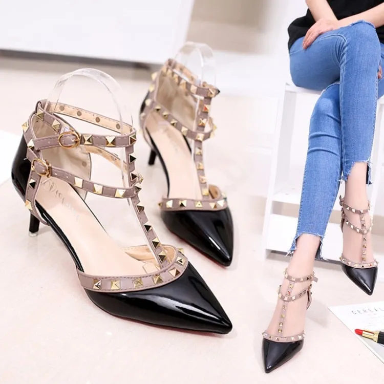 Amozae- Women's Shoes Summer Pointed High-Heeled Stiletto Patent Leather Rivet Single Shoes Was Thin Buckle